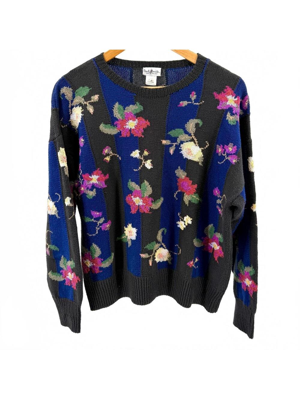Vintage 80s Paul Smith Black Blue 100% Cotton Floral Knit